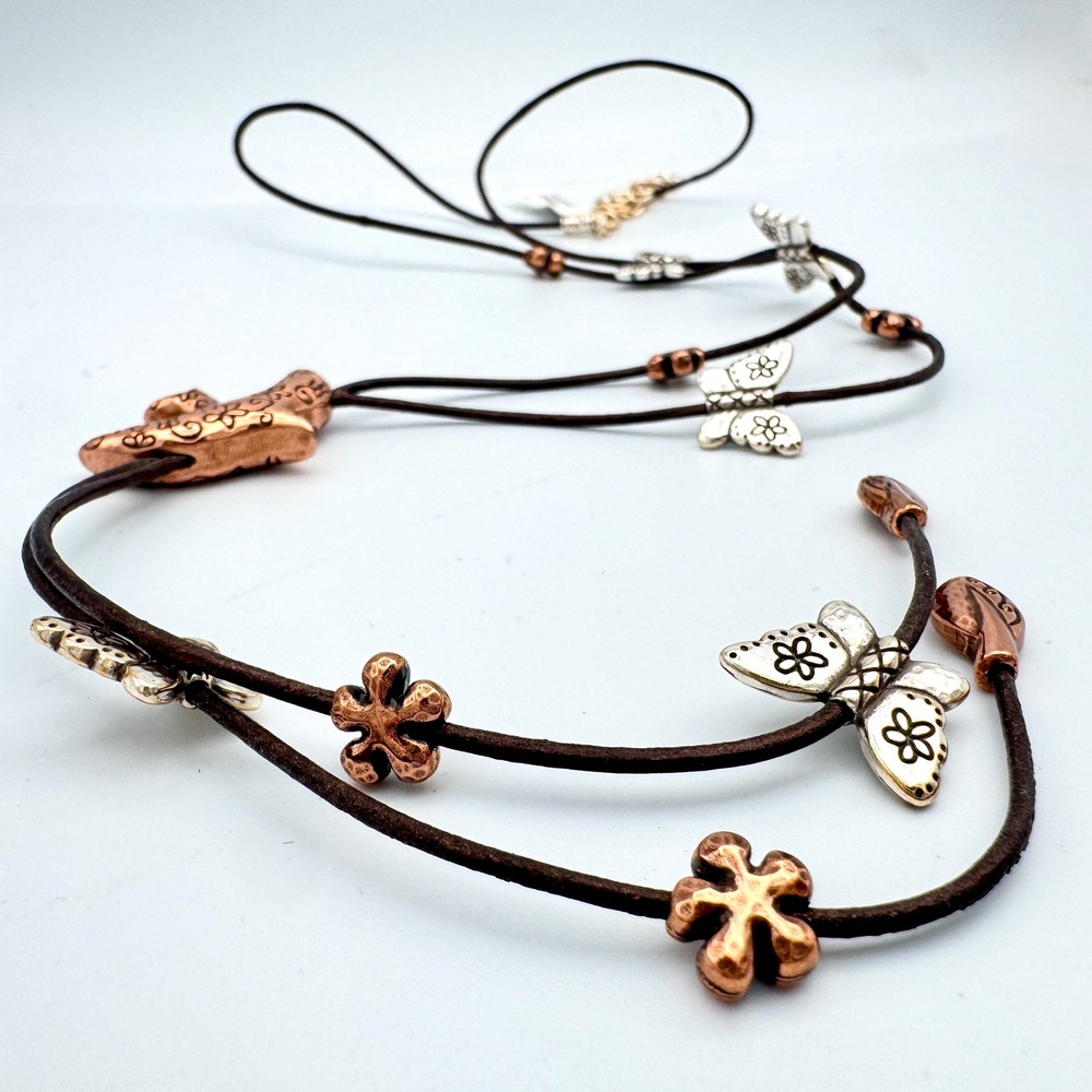 Boho Mixed Metal Butterfly Bird Lariat Necklace Brown Cord Nature Whimsical 36in - Picture 2 of 9